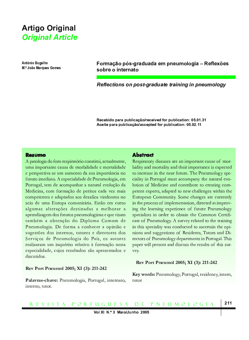 FormaçÃ£o pós-graduada em pneumologia - ReflexÃµes sobre o internato