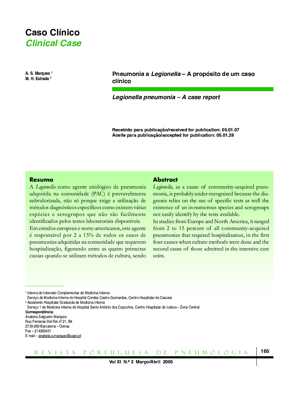 Pneumonia a Legionella - A propósito de um caso clÃ­nico