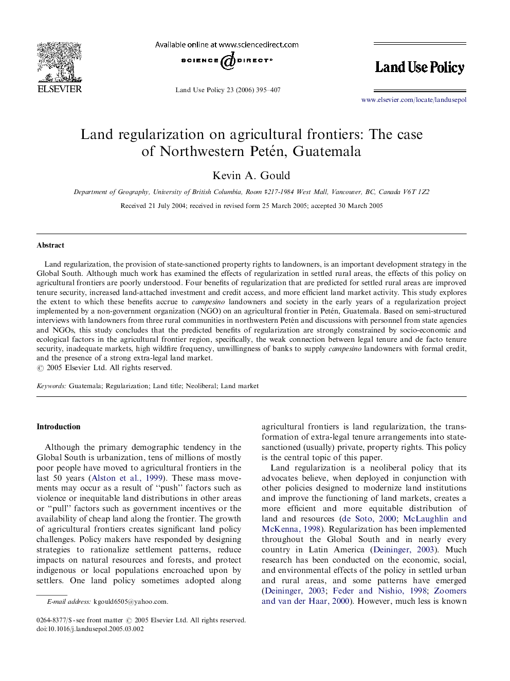 Land regularization on agricultural frontiers: The case of Northwestern Petén, Guatemala