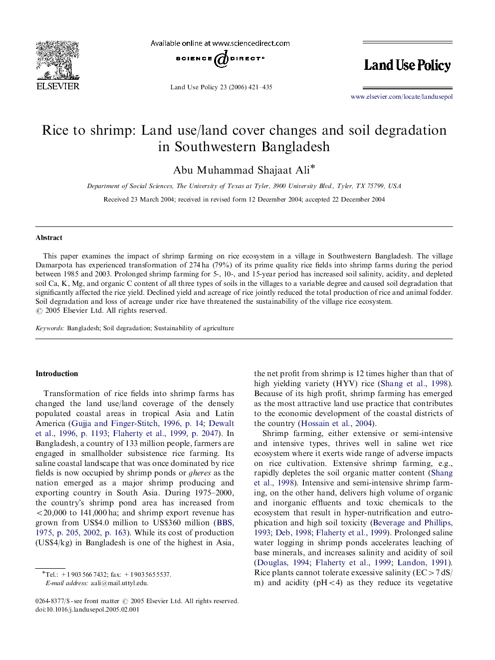 Rice to shrimp: Land use/land cover changes and soil degradation in Southwestern Bangladesh