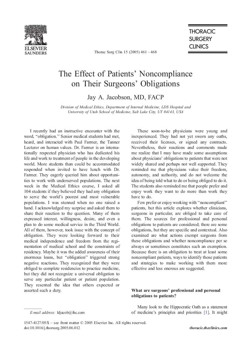 عکس صفحه اول مقاله: The Effect of Patients' Noncompliance on Their Surgeons' Obligations The Effect of Patients' Noncompliance on Their Surgeons' Obligations