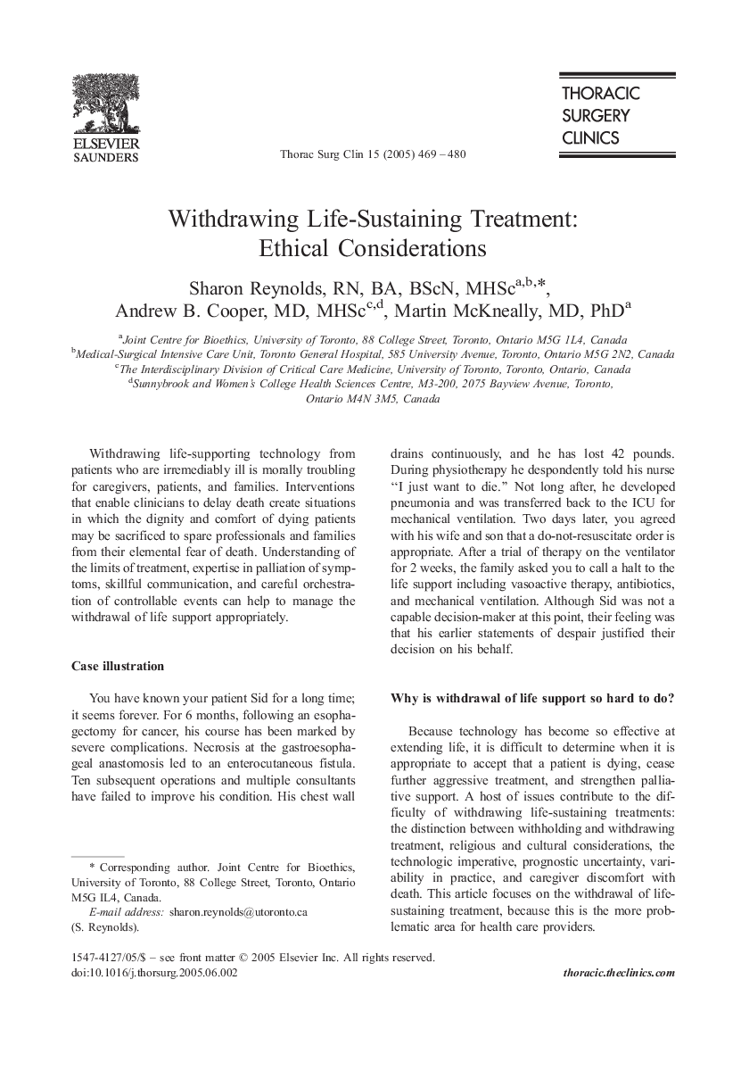 عکس صفحه اول مقاله: Withdrawing Life-Sustaining Treatment: Ethical Considerations Withdrawing Life-Sustaining Treatment: Ethical Considerations