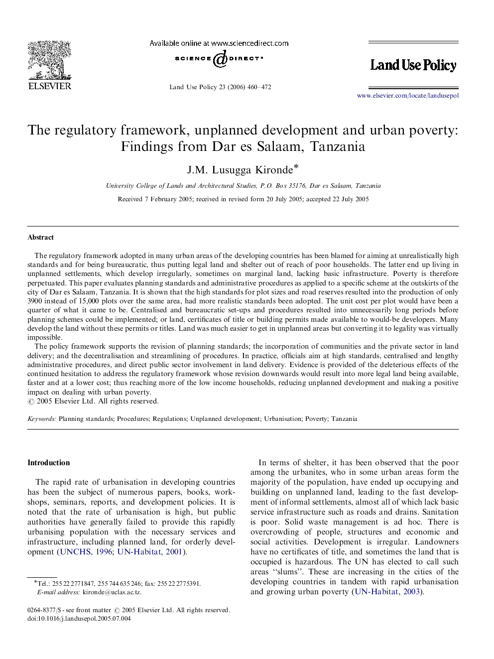 The regulatory framework, unplanned development and urban poverty: Findings from Dar es Salaam, Tanzania