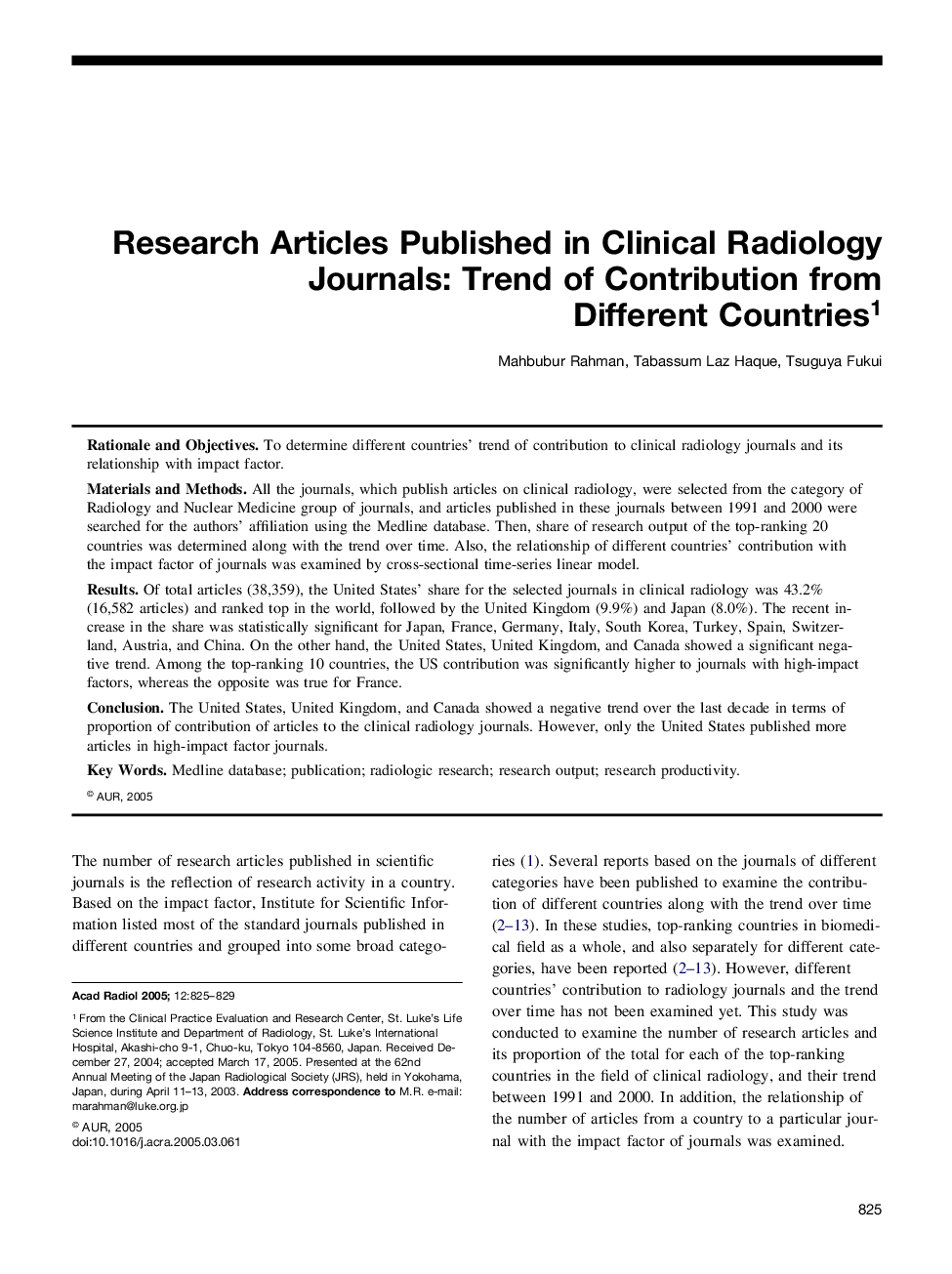 Research Articles Published in Clinical Radiology Journals: Trend of Contribution from Different Countries1