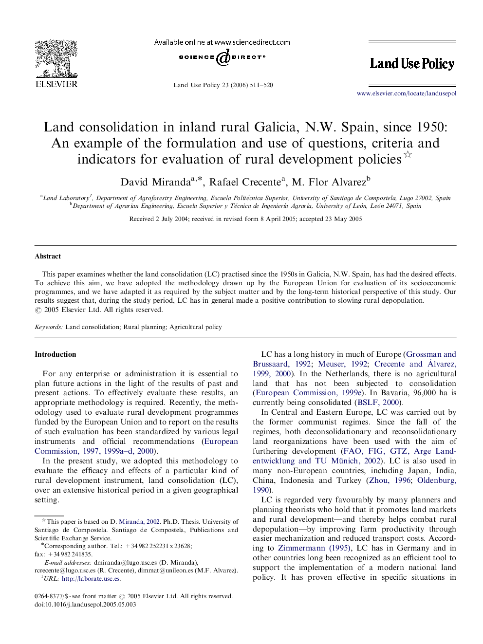 Land consolidation in inland rural Galicia, N.W. Spain, since 1950: An example of the formulation and use of questions, criteria and indicators for evaluation of rural development policies 