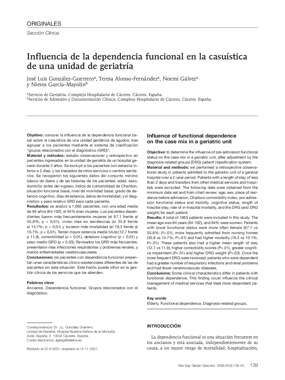 Influencia de la dependencia funcional en la casuÃ­stica de una unidad de geriatrÃ­a