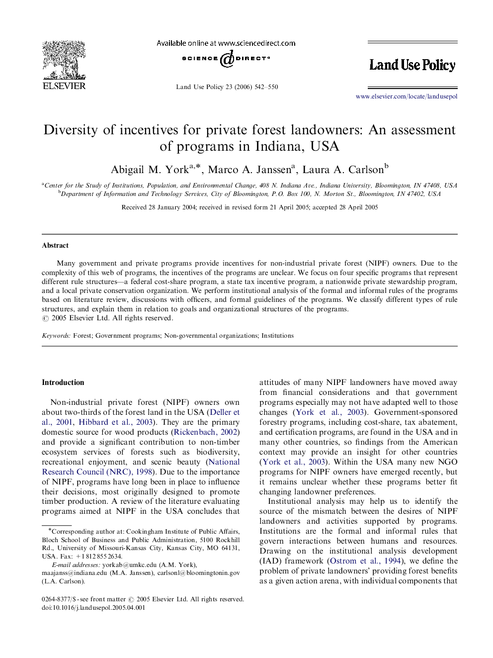 Diversity of incentives for private forest landowners: An assessment of programs in Indiana, USA