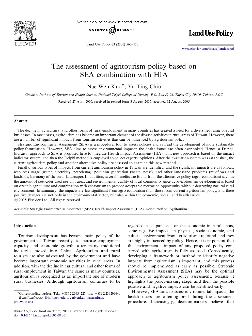 The assessment of agritourism policy based on SEA combination with HIA