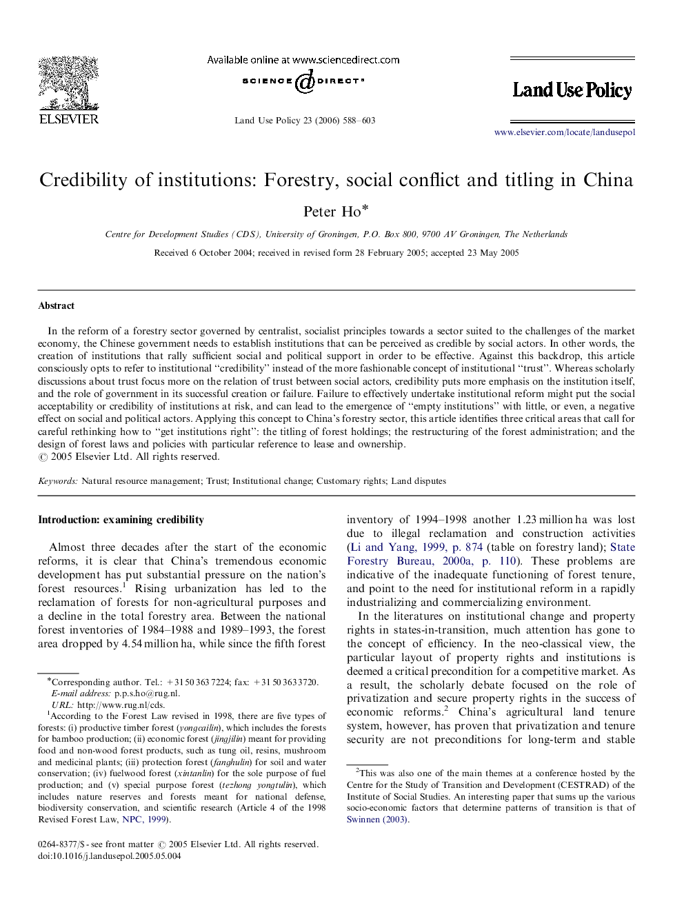 Credibility of institutions: Forestry, social conflict and titling in China