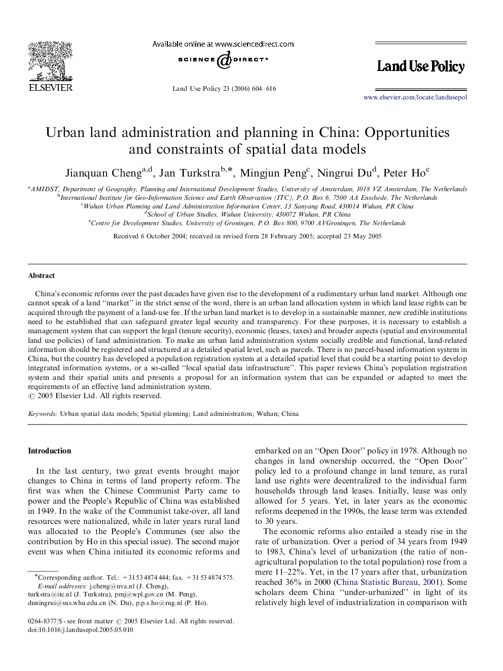 Urban land administration and planning in China: Opportunities and constraints of spatial data models