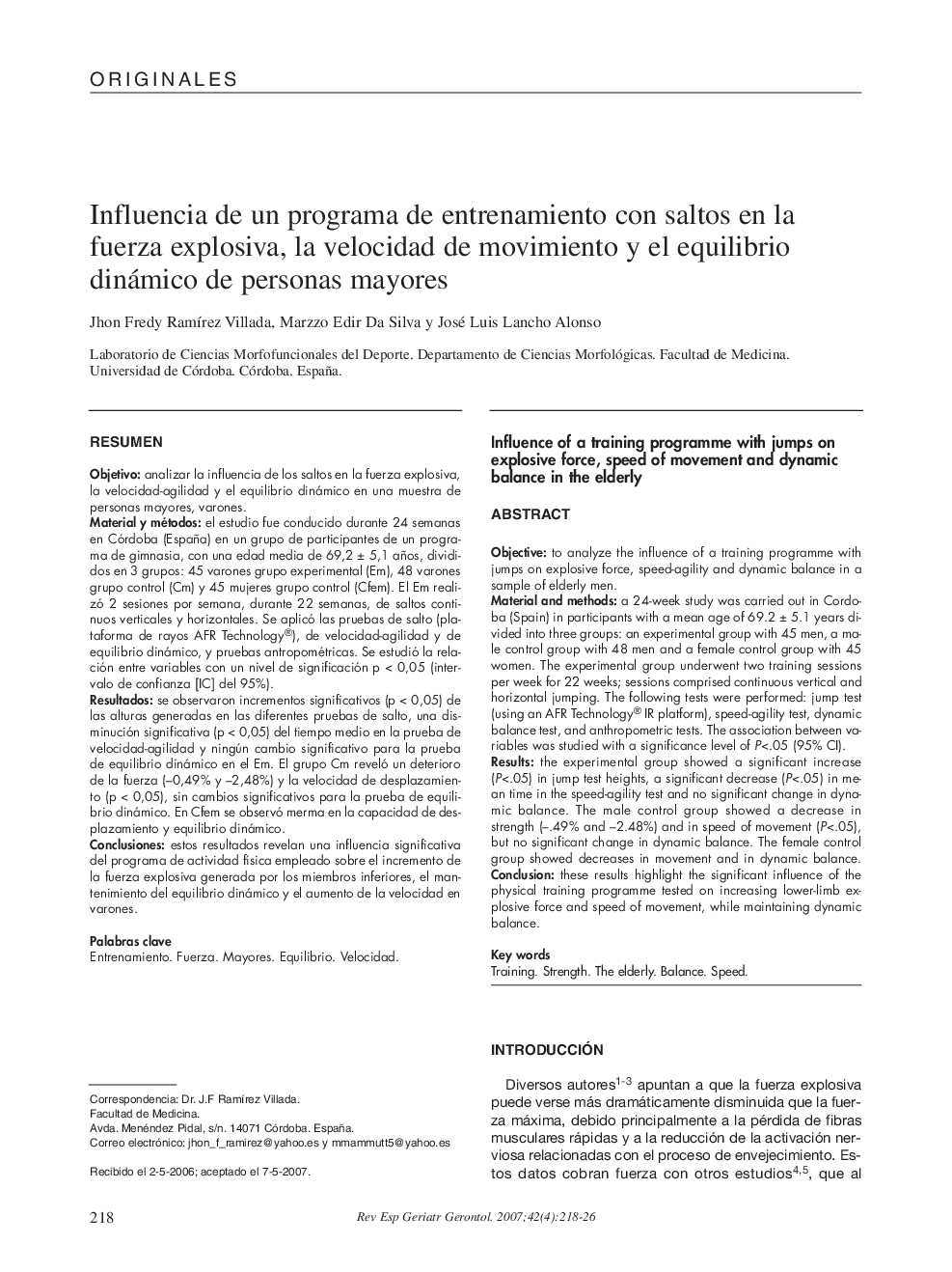 Influencia de un programa de entrenamiento con saltos en la fuerza explosiva, la velocidad de movimiento y el equilibrio dinámico de personas mayores