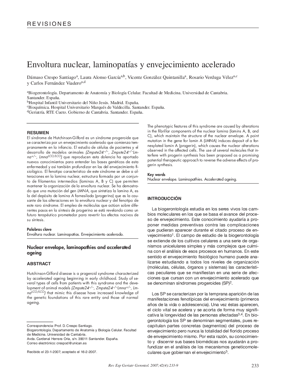 Envoltura nuclear, laminopatÃ­as y envejecimiento acelerado