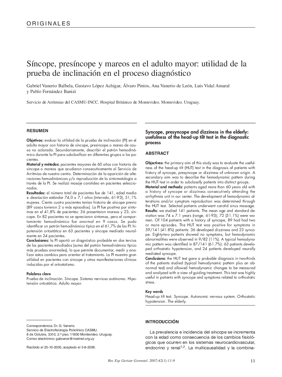 SÃ­ncope, presÃ­ncope y mareos en el adulto mayor: utilidad de la prueba de inclinación en el proceso diagnóstico