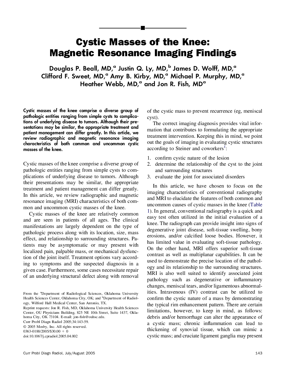 Cystic Masses of the Knee: Magnetic Resonance Imaging Findings