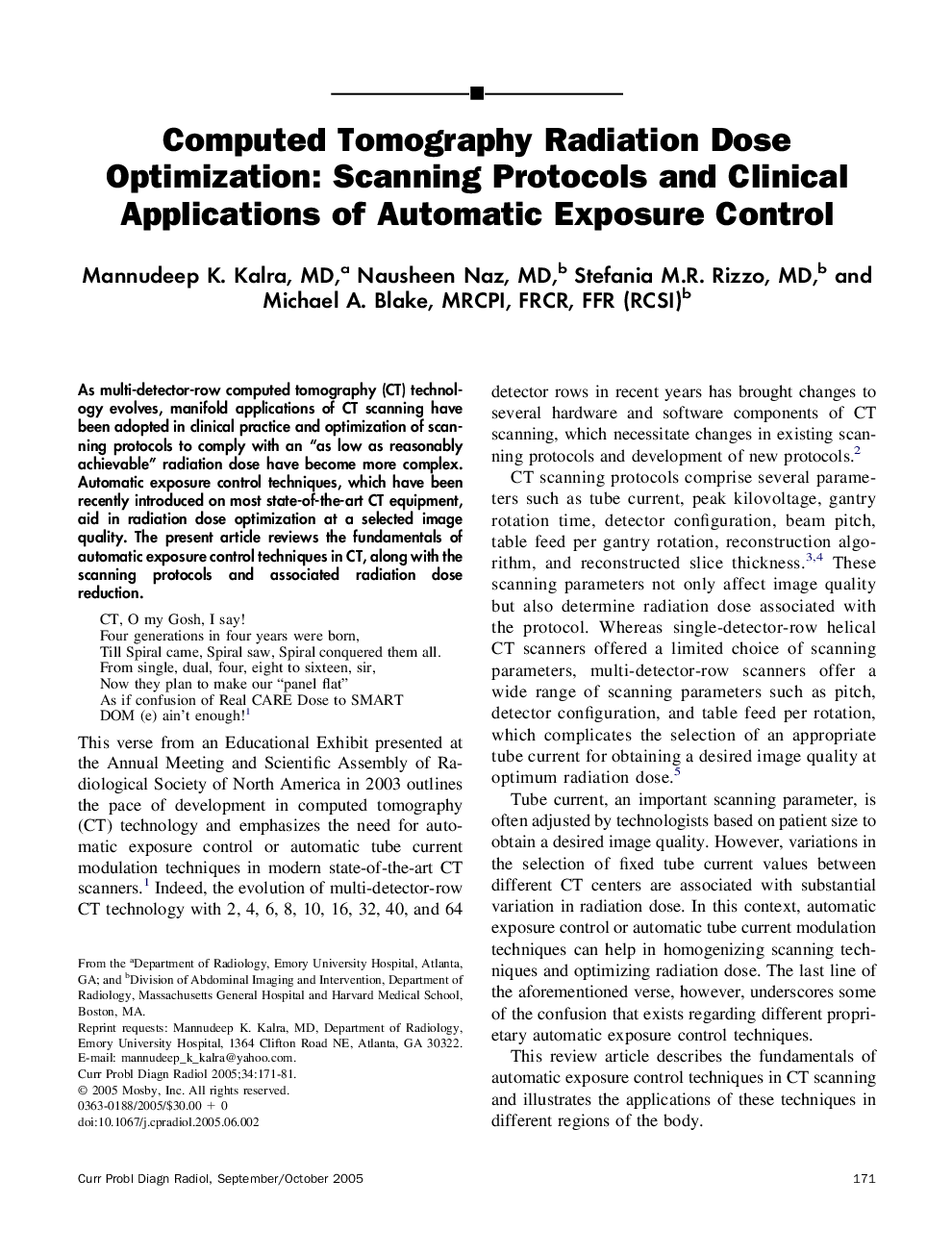 Computed Tomography Radiation Dose Optimization: Scanning Protocols and Clinical Applications of Automatic Exposure Control