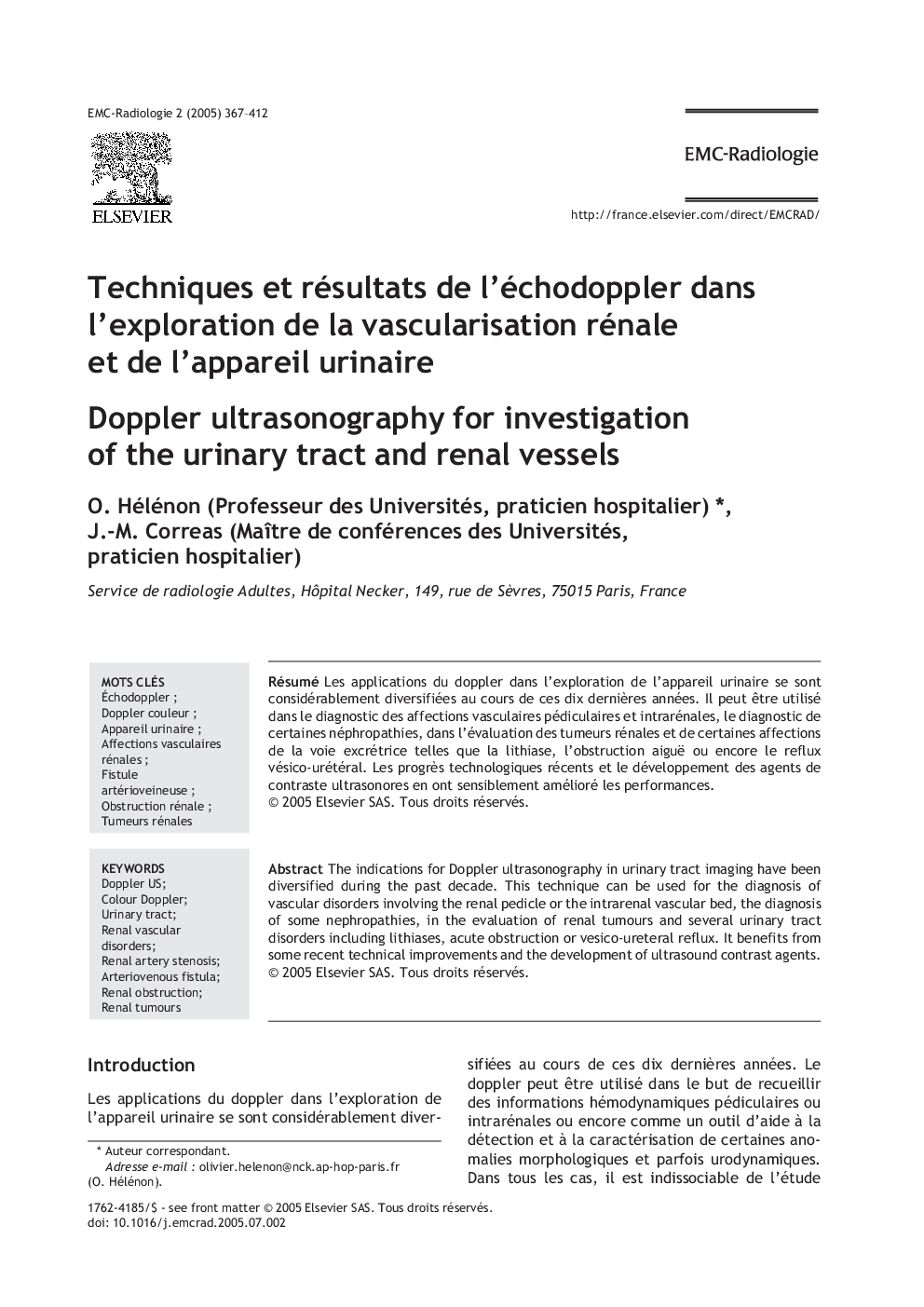 Techniques et résultats de l'échodoppler dans l'exploration de la vascularisation rénale et de l'appareil urinaire