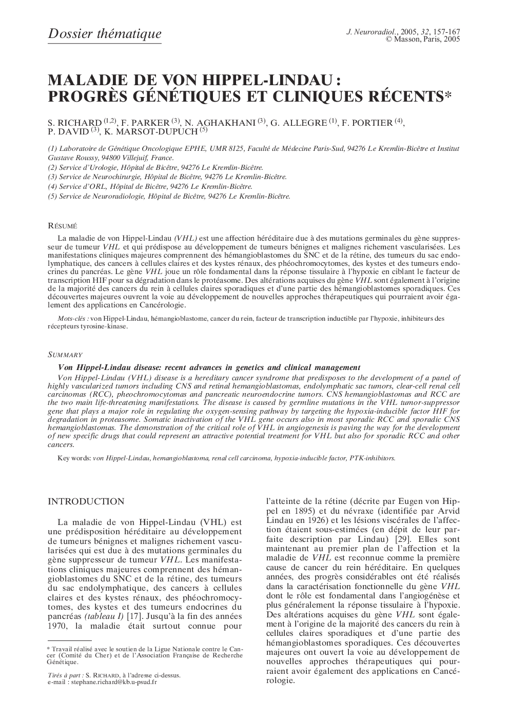 Maladie de von Hippel-Lindau : progrÃ¨s génétiques et cliniques récents