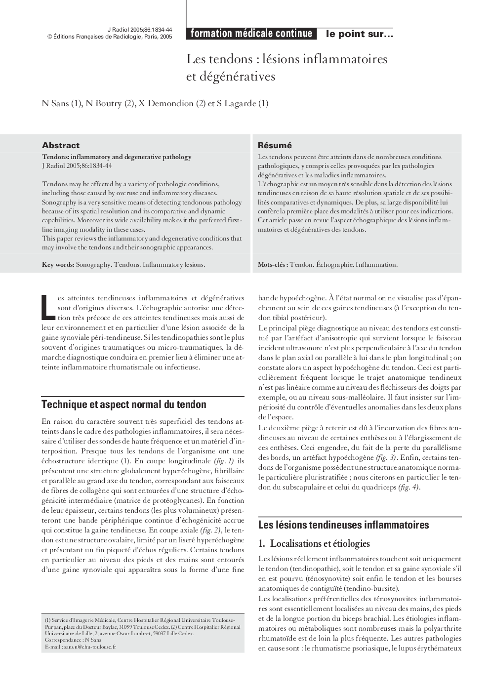 Les tendons : lésions inflammatoires et dégénératives