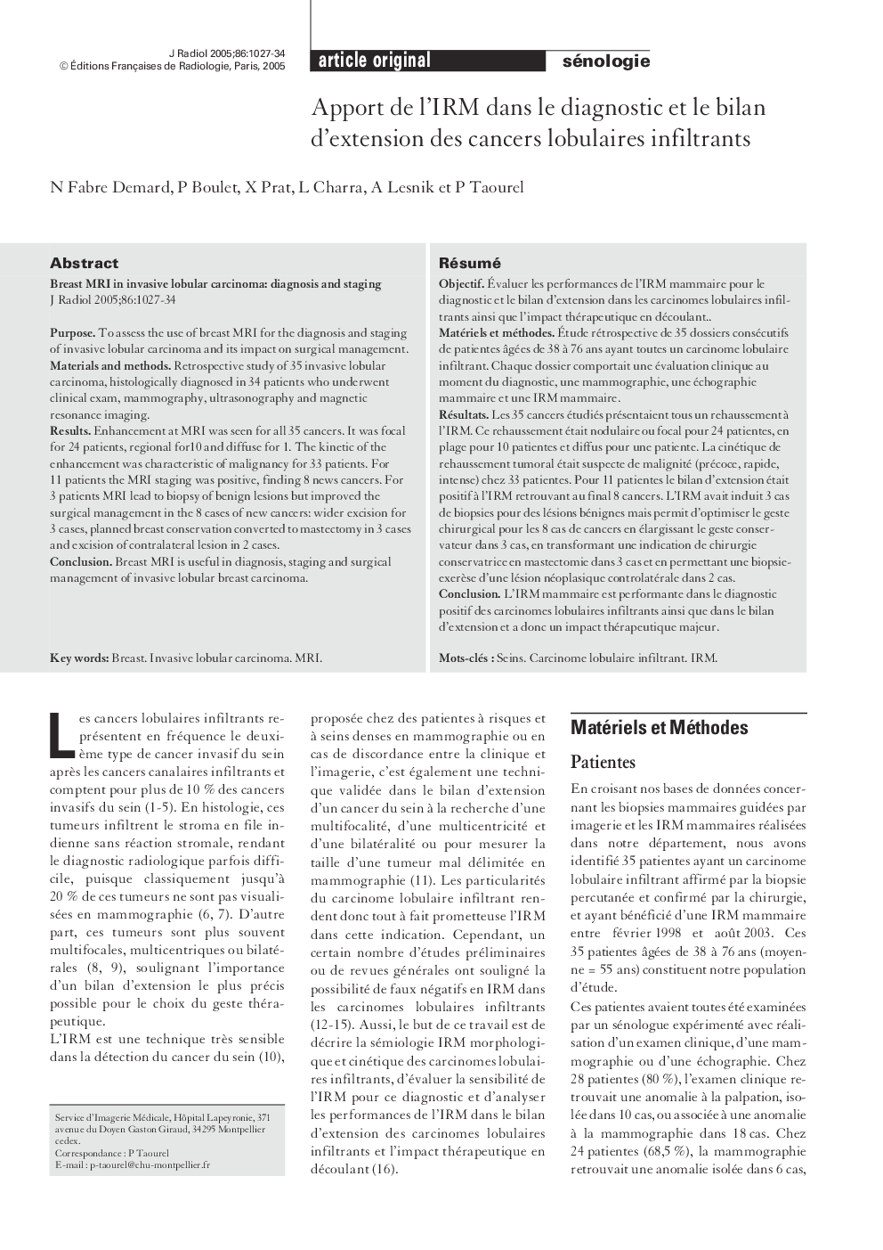 Apport de l'IRM dans le diagnostic et le bilan d'extension des cancers lobulaires infiltrants