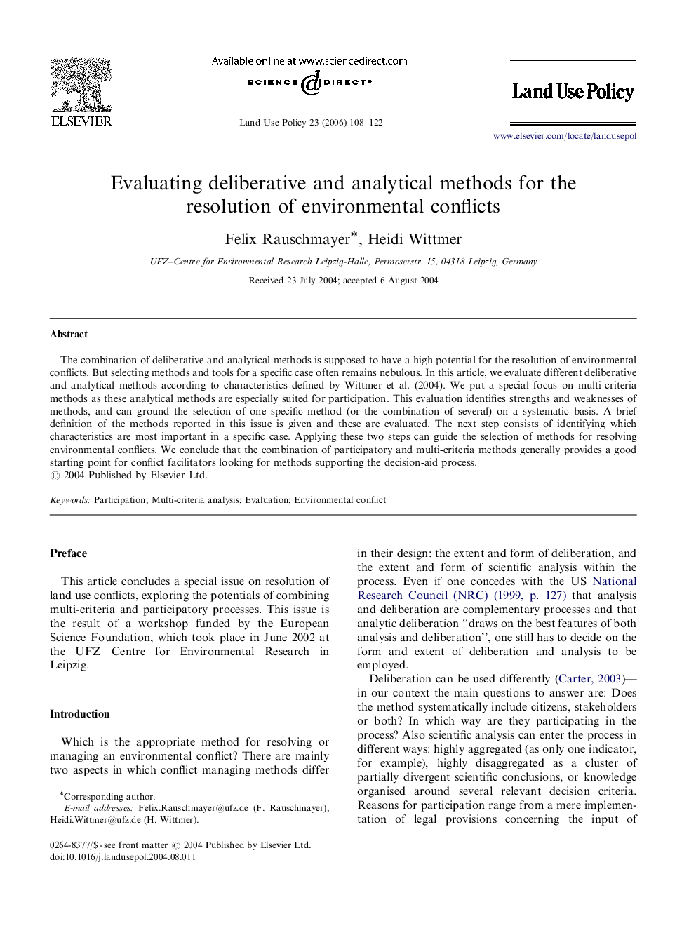 Evaluating deliberative and analytical methods for the resolution of environmental conflicts