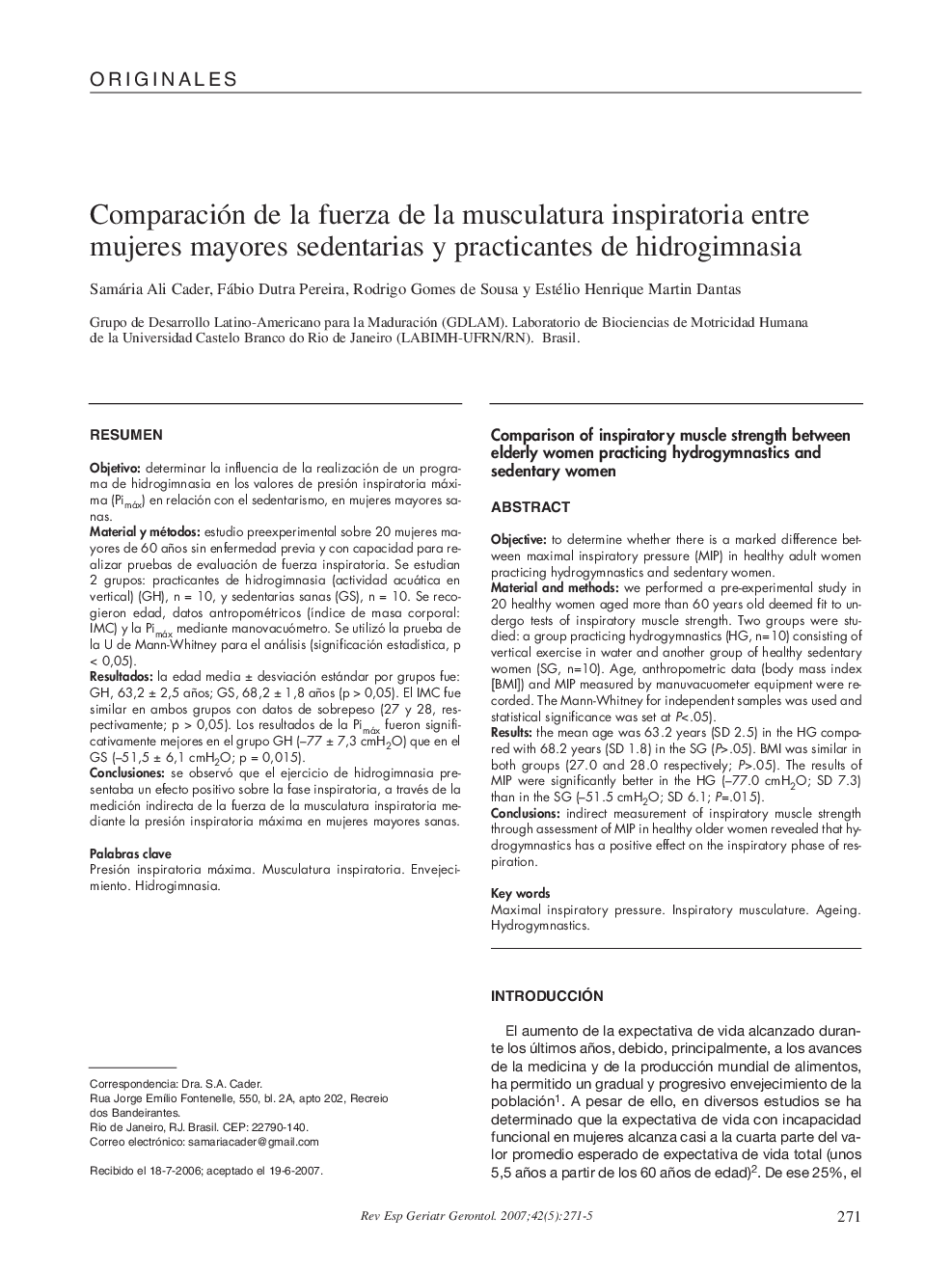 Comparación de la fuerza de la musculatura inspiratoria entre mujeres mayores sedentarias y practicantes de hidrogimnasia