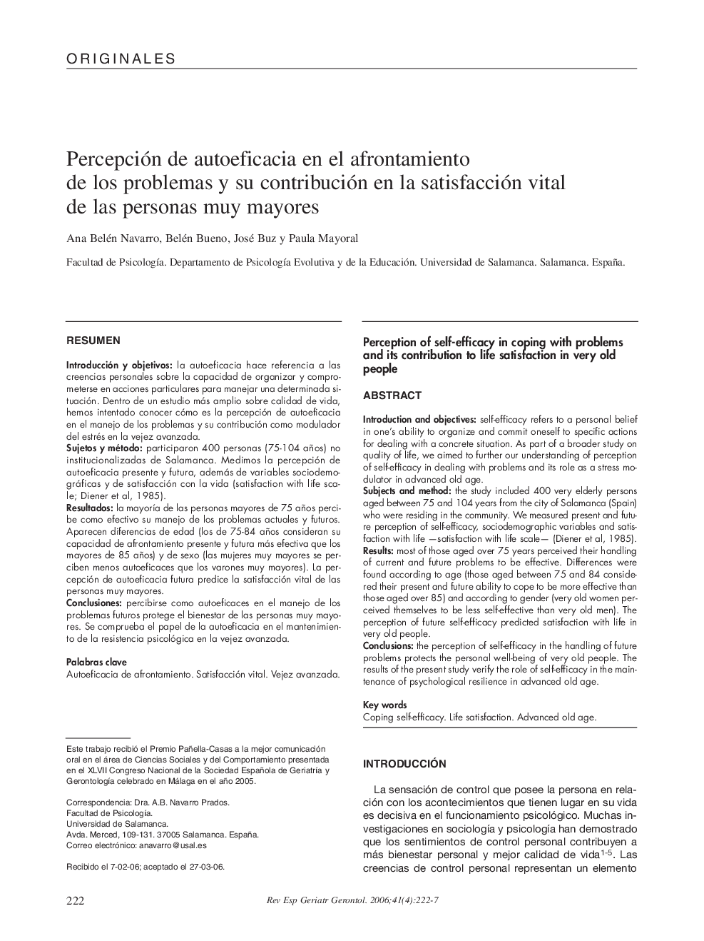 Percepción de autoeficacia en el afrontamiento de los problemas y su contribución en la satisfacción vital de las personas muy mayores