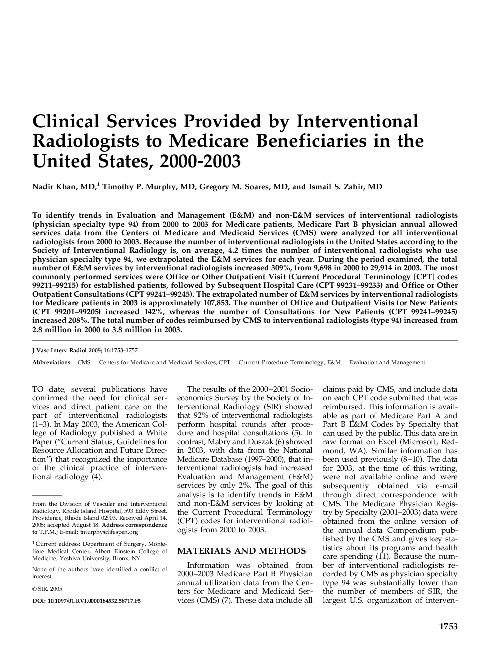Clinical Services Provided by Interventional Radiologists to Medicare Beneficiaries in the United States, 2000-2003