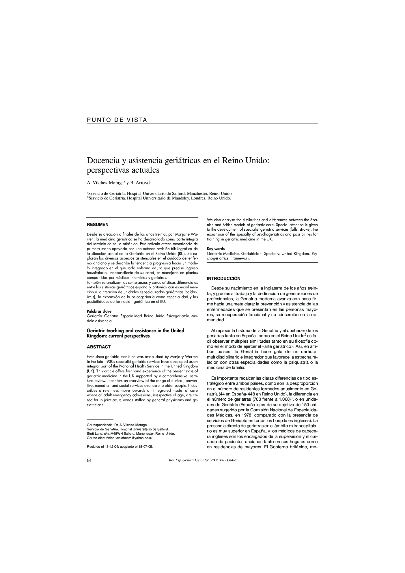 Docencia y asistencia geriátricas en el Reino Unido: perspectivas actuales