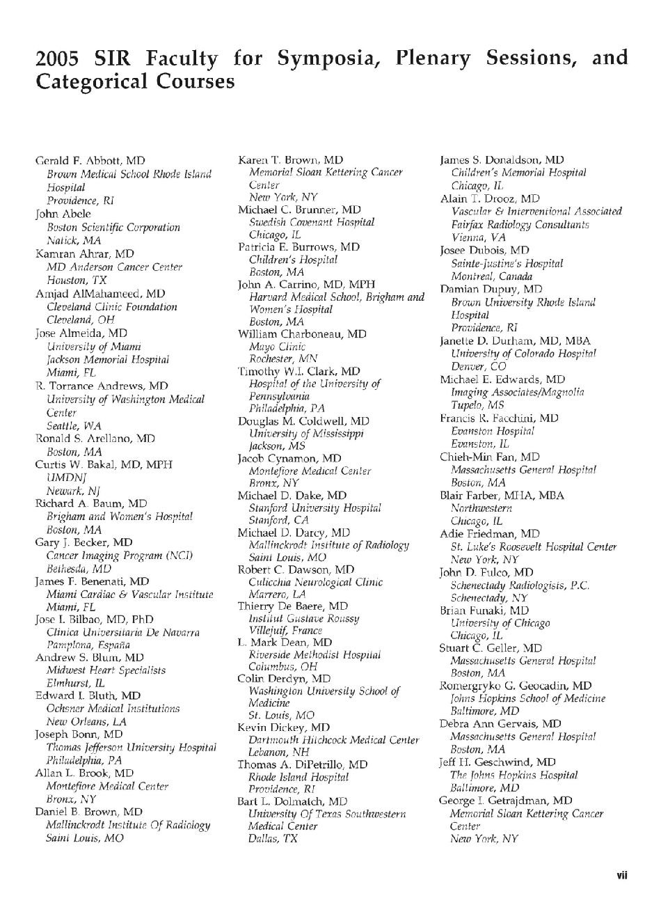 2005 SIR Faculty for Symposia, Plenary Sessions, and Categorical Courses