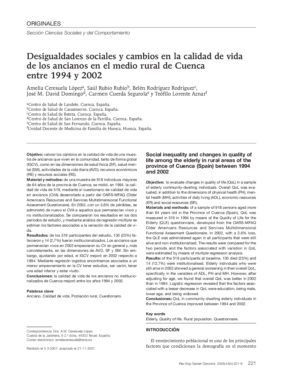 Desigualdades sociales y cambios en la calidad de vida de los ancianos en el medio rural de Cuenca entre 1994 y 2002