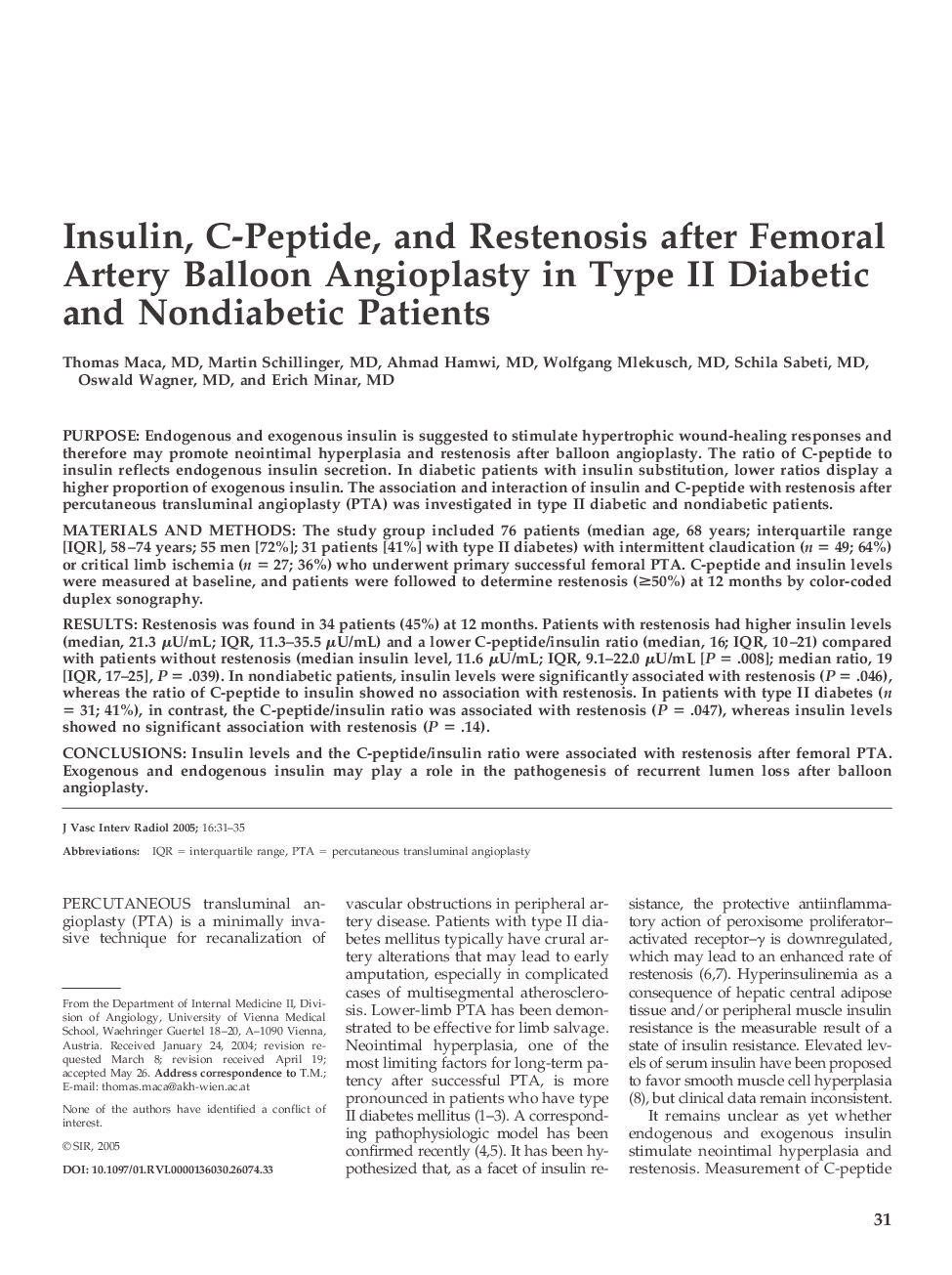 Insulin, C-Peptide, and Restenosis after Femoral Artery Balloon Angioplasty in Type II Diabetic and Nondiabetic Patients