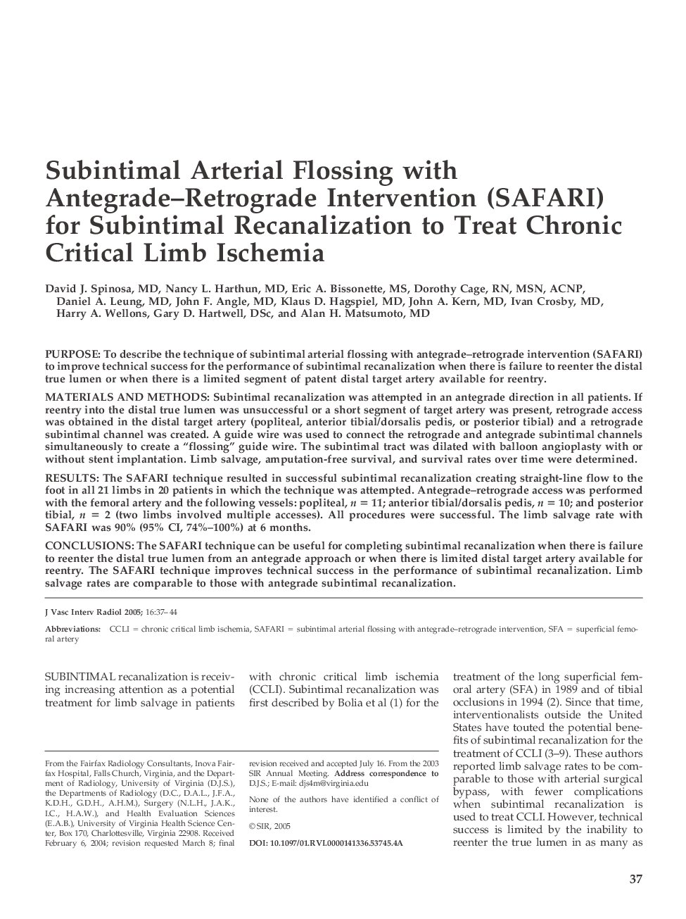 Subintimal Arterial Flossing with Antegrade-Retrograde Intervention (SAFARI) for Subintimal Recanalization to Treat Chronic Critical Limb Ischemia