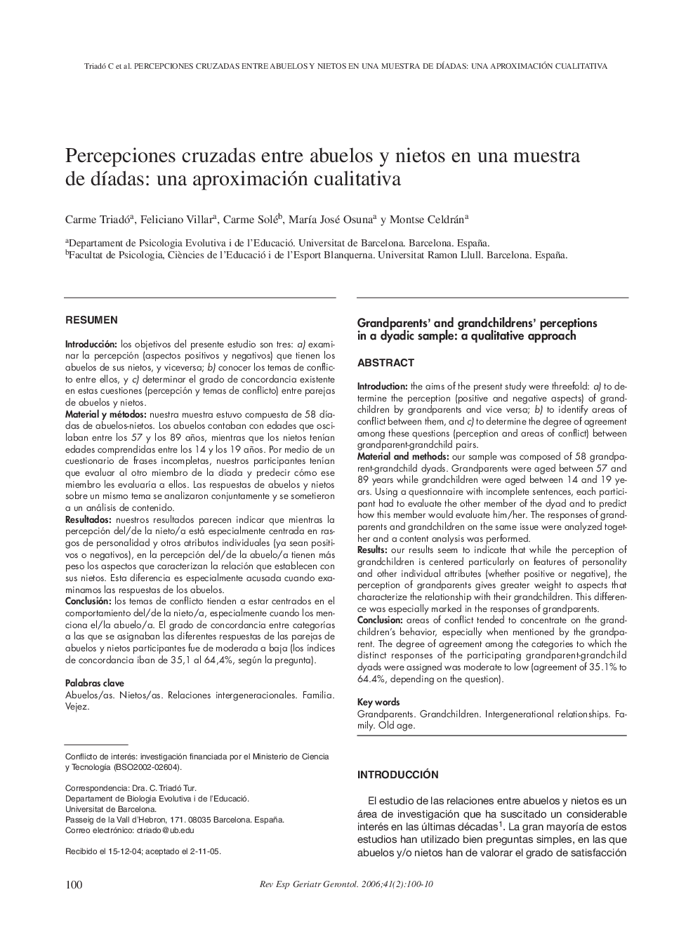 Percepciones cruzadas entre abuelos y nietos en una muestra de dÃ­adas: una aproximación cualitativa