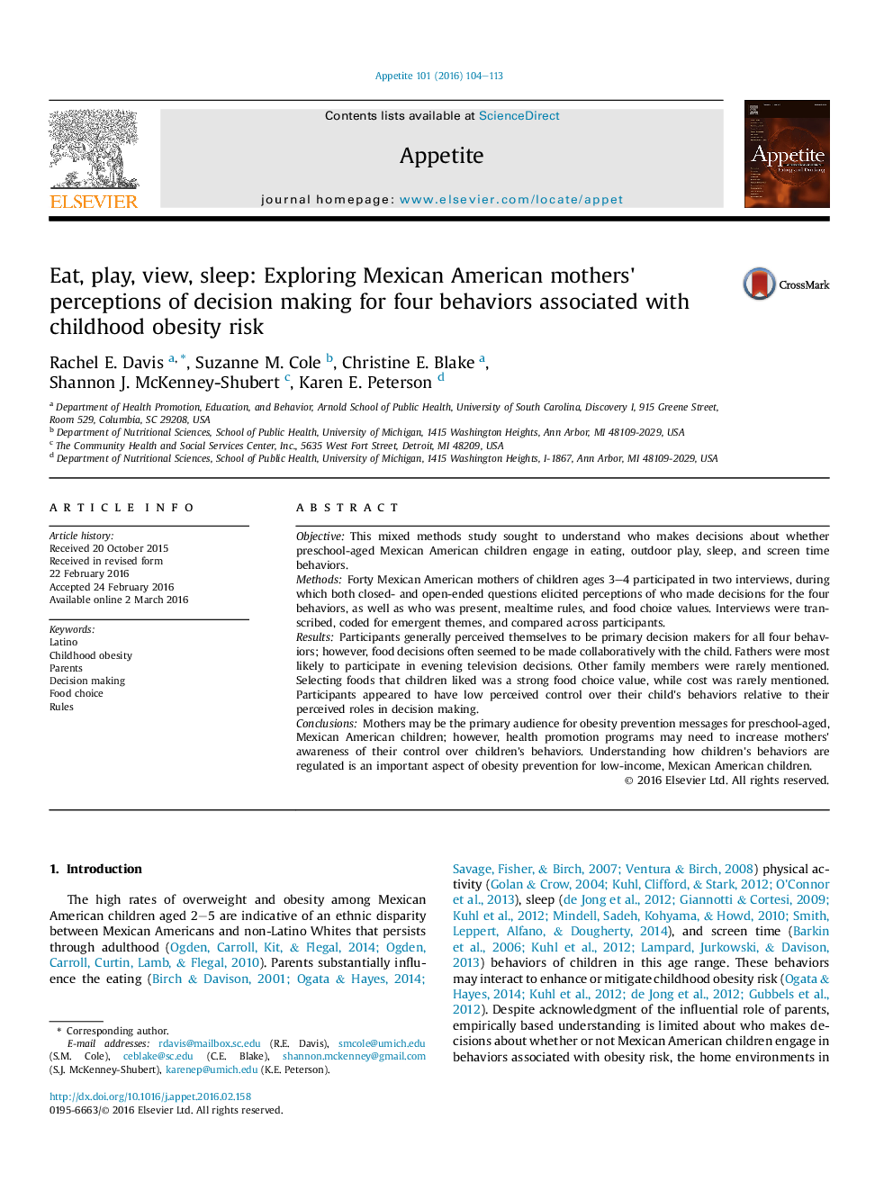 Eat, play, view, sleep: Exploring Mexican American mothers' perceptions of decision making for four behaviors associated with childhood obesity risk