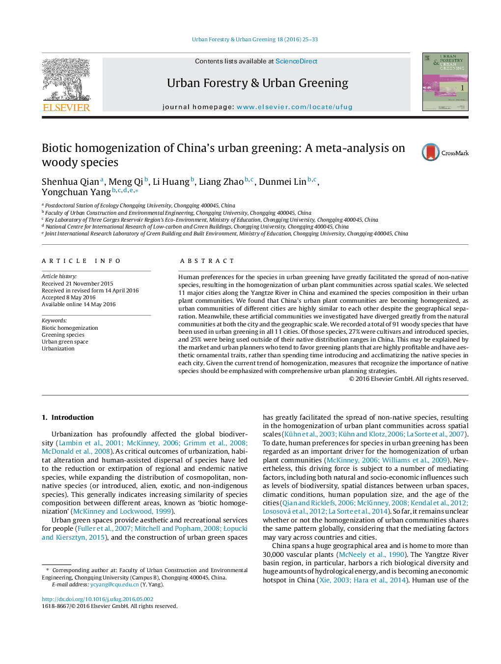 Biotic homogenization of China’s urban greening: A meta-analysis on woody species