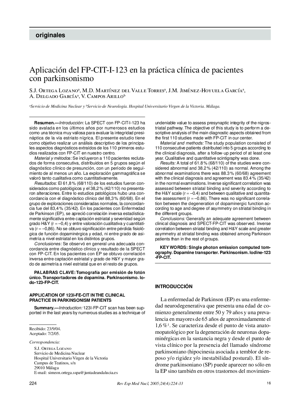 Aplicación del FP-CIT-I-123 en la práctica clÃ­nica de pacientes con parkinsonismo