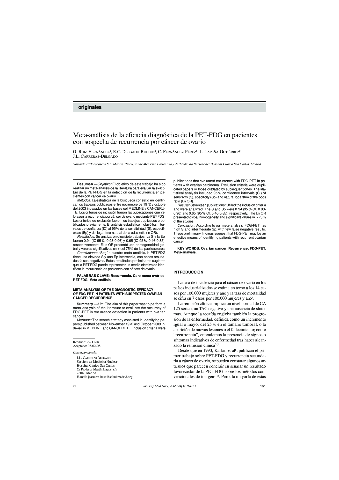 Meta-análisis de la eficacia diagnóstica de la PET-FDG en pacientes con sospecha de recurrencia por cáncer de ovario