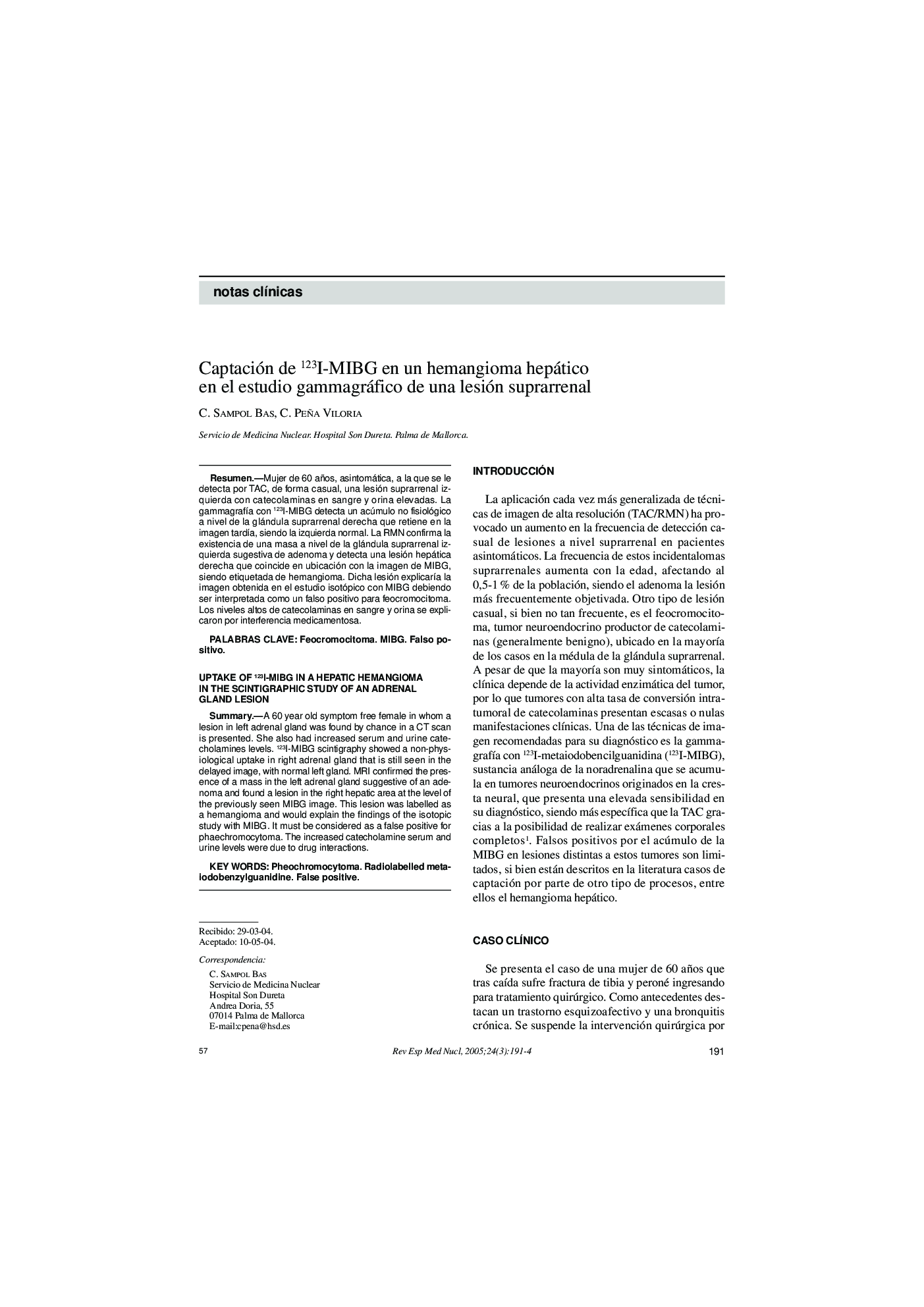 Captación de 123I-MIBG en un hemangioma hepático en el estudio gammagráfico de una lesión suprarrenal