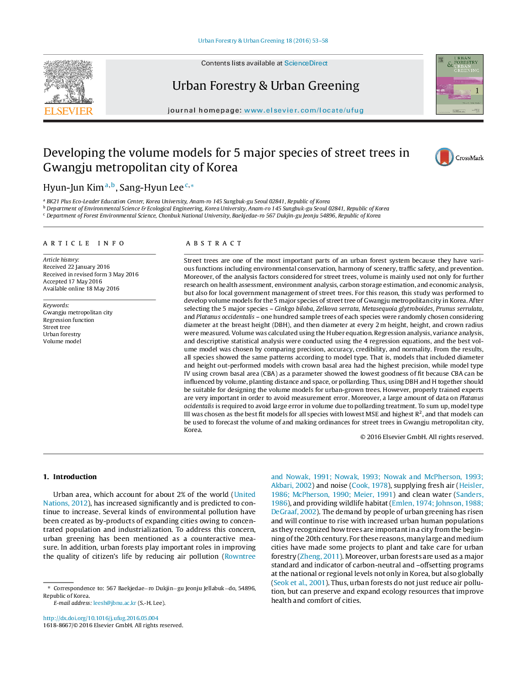 Developing the volume models for 5 major species of street trees in Gwangju metropolitan city of Korea