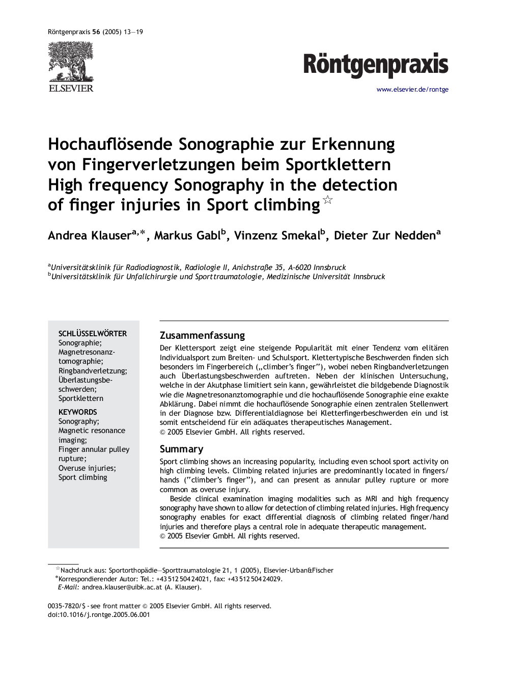 Hochauflösende Sonographie zur Erkennung von Fingerverletzungen beim Sportklettern