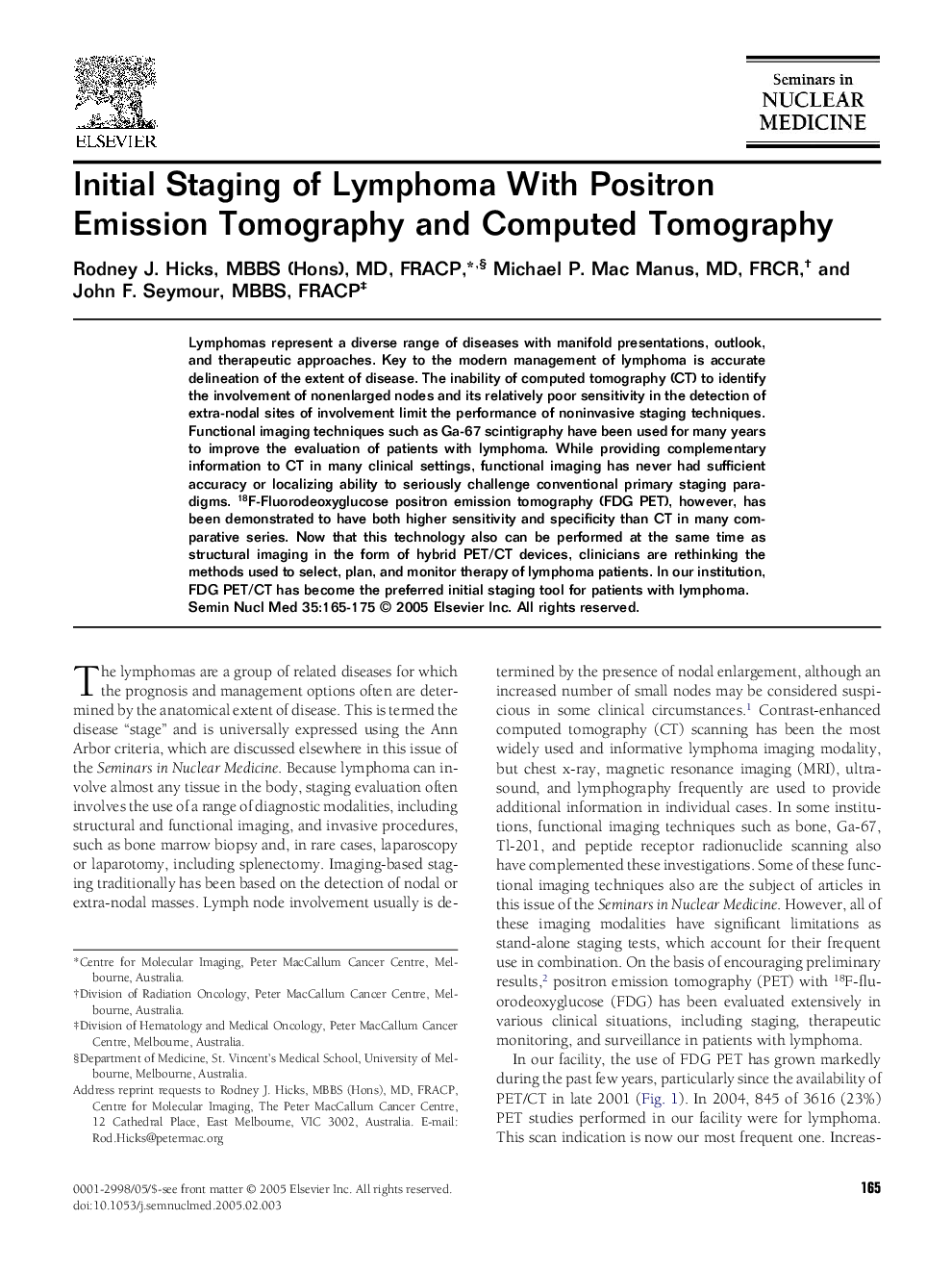 Initial Staging of Lymphoma With Positron Emission Tomography and Computed Tomography