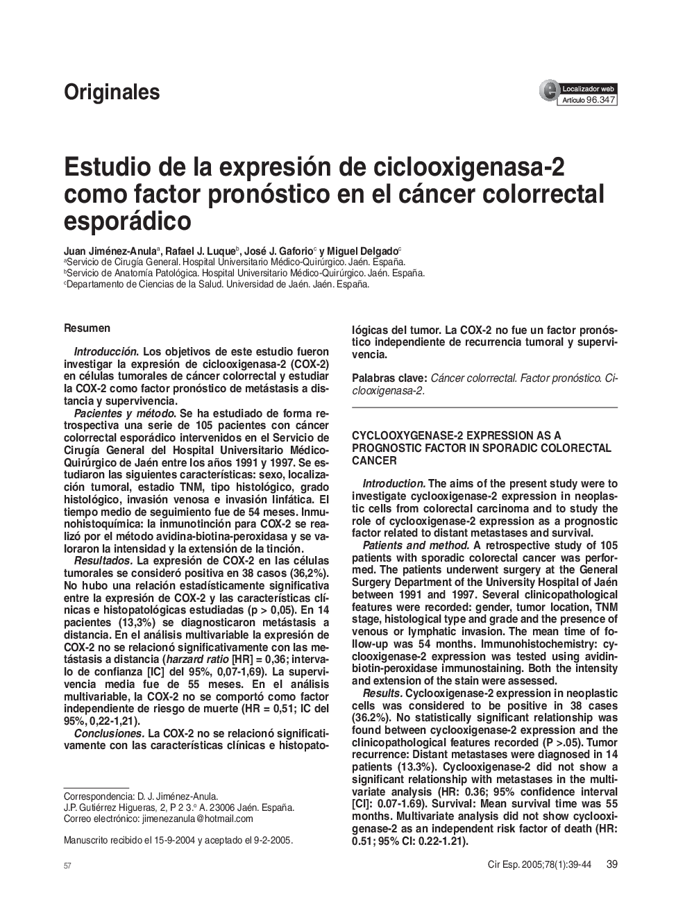 Estudio de la expresión de ciclooxigenasa-2 como factor pronóstico en el cáncer colorrectal esporádico