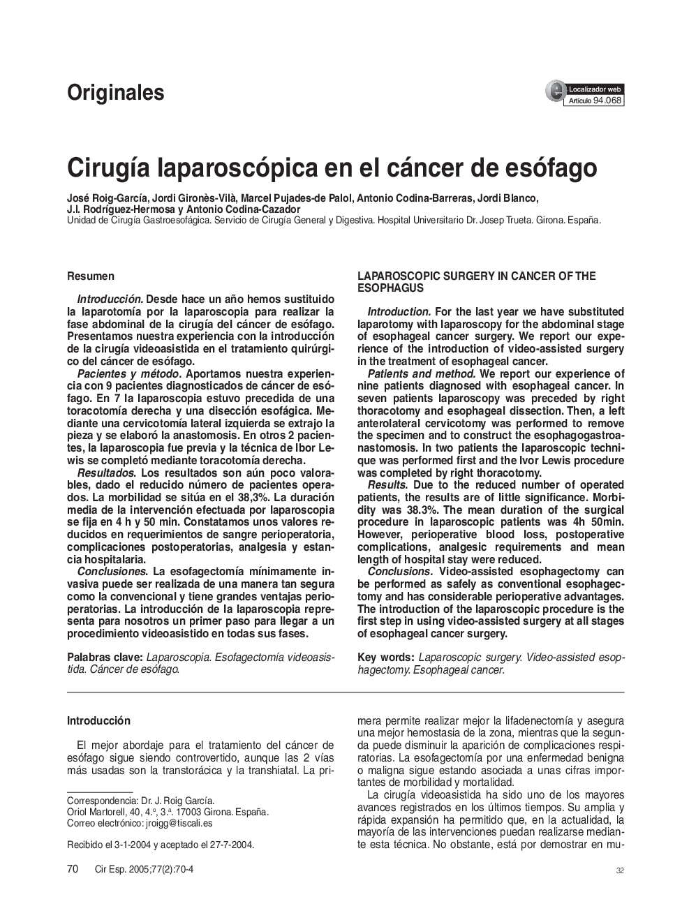 CirugÃ­a laparoscópica en el cáncer de esófago