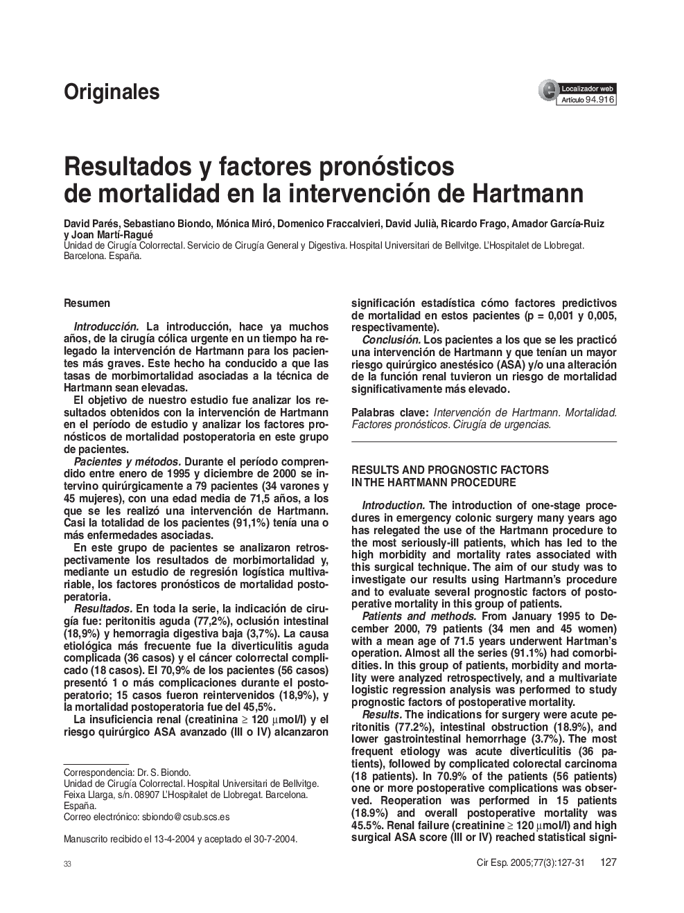 Resultados y factores pronósticos de mortalidad en la intervención de Hartmann