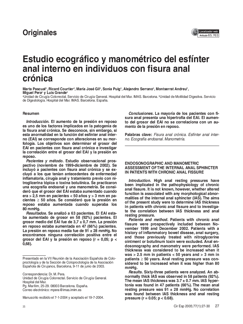 Estudio ecográfico y manométrico del esfÃ­nter anal interno en individuos con fisura anal crónica