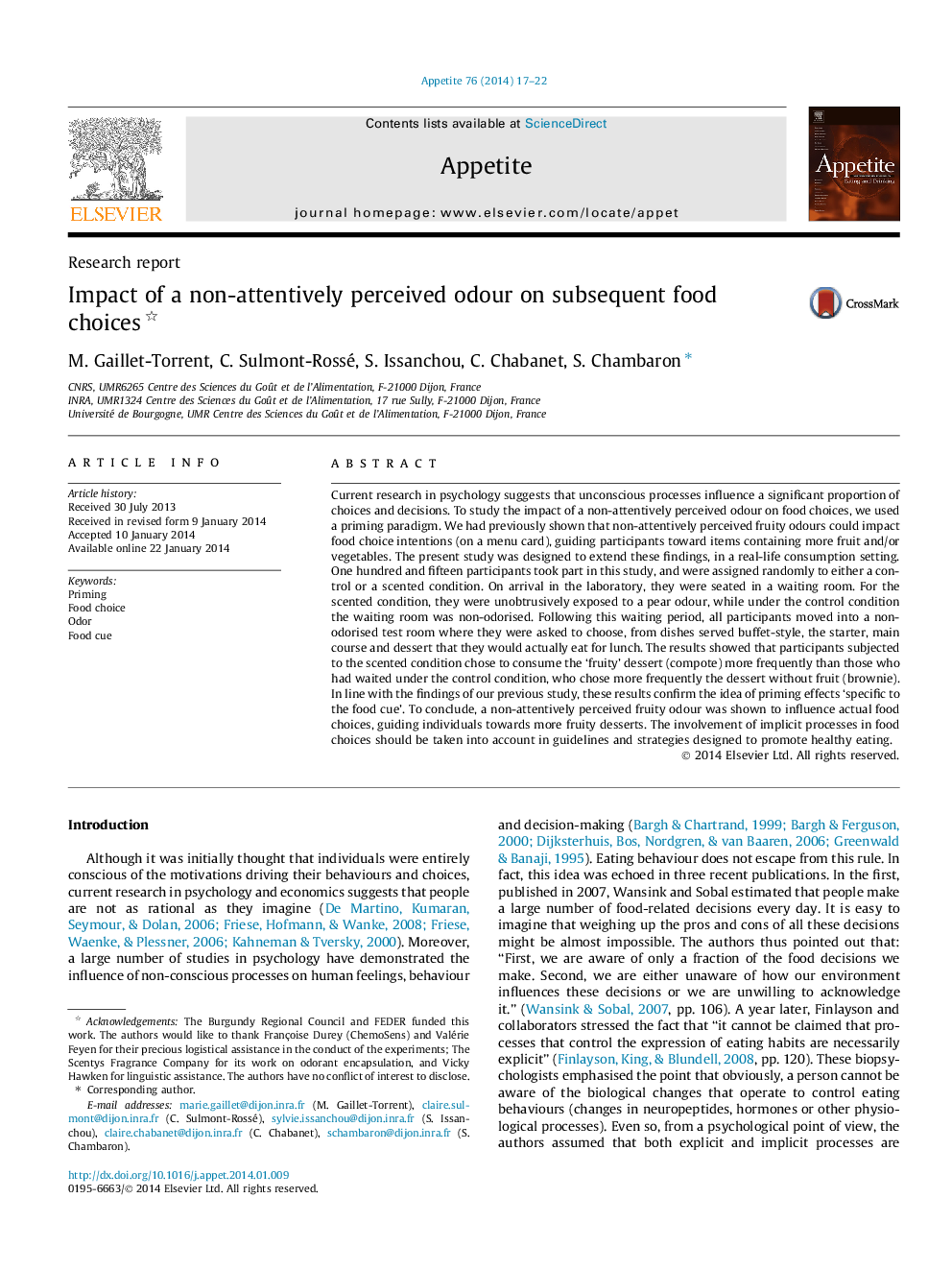 Impact of a non-attentively perceived odour on subsequent food choices 