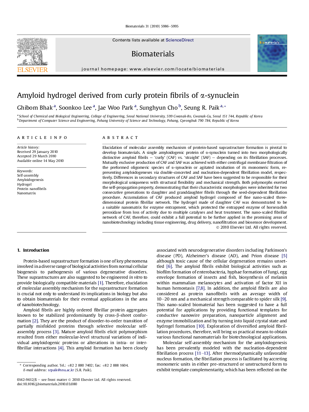 Amyloid hydrogel derived from curly protein fibrils of α-synuclein