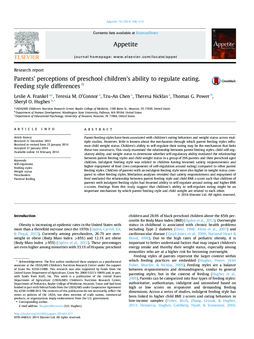 Parents’ perceptions of preschool children’s ability to regulate eating. Feeding style differences 