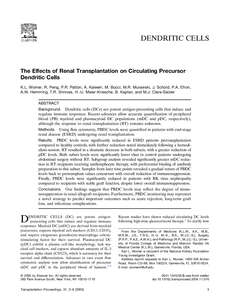 The effects of renal transplantation on circulating precursor dendritic cells