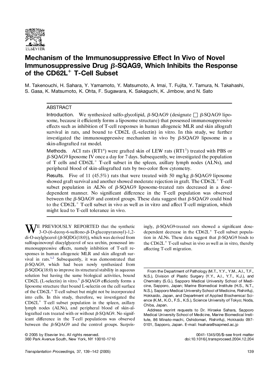 Mechanism of the immunosuppressive effect in vivo of novel immunosuppressive drug Î²-SQAG9, which inhibits the response of the CD62L+ T-cell subset